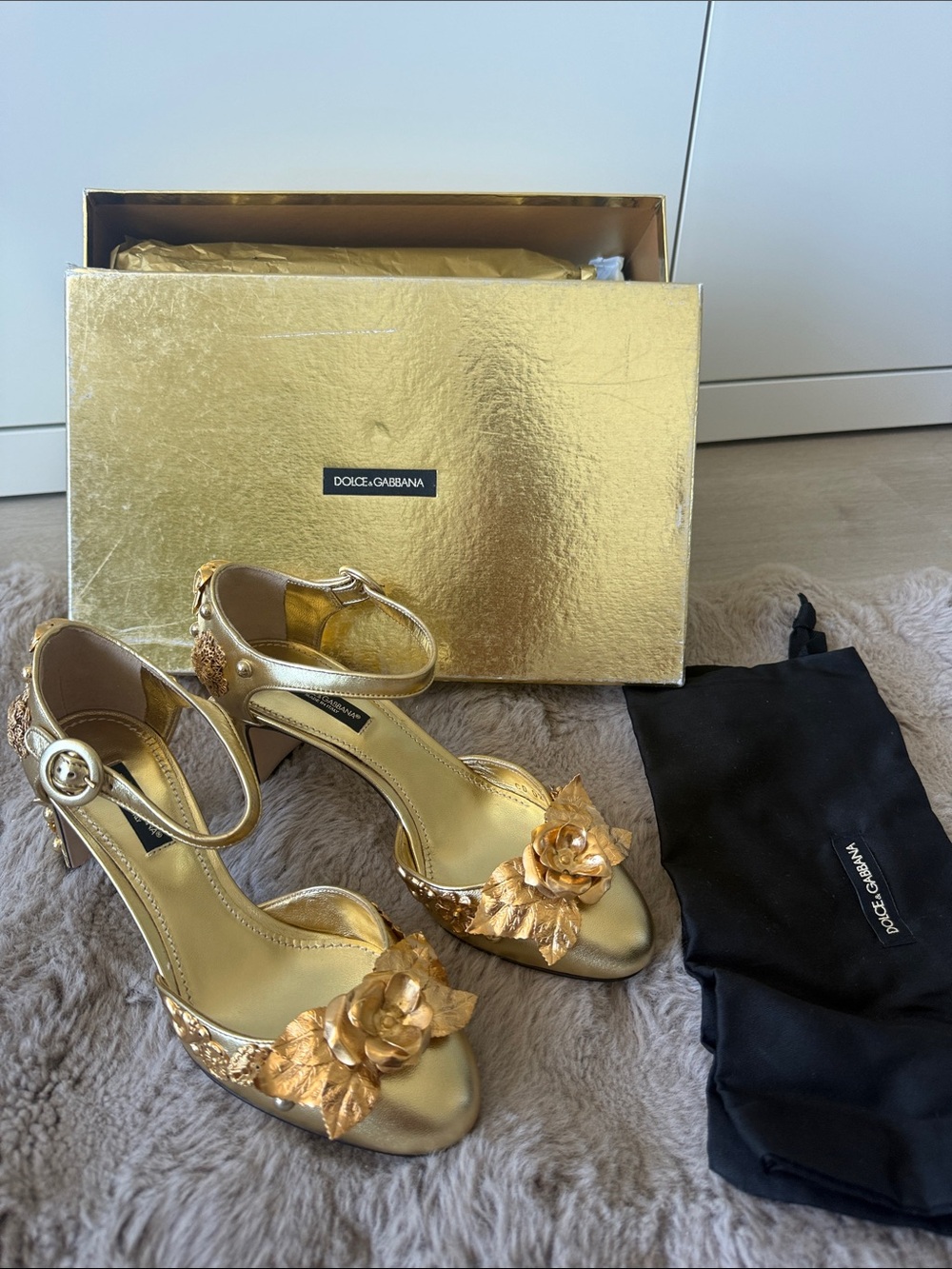 Dolce & Gabbana Gold Floral Embellished Heeled Sandals